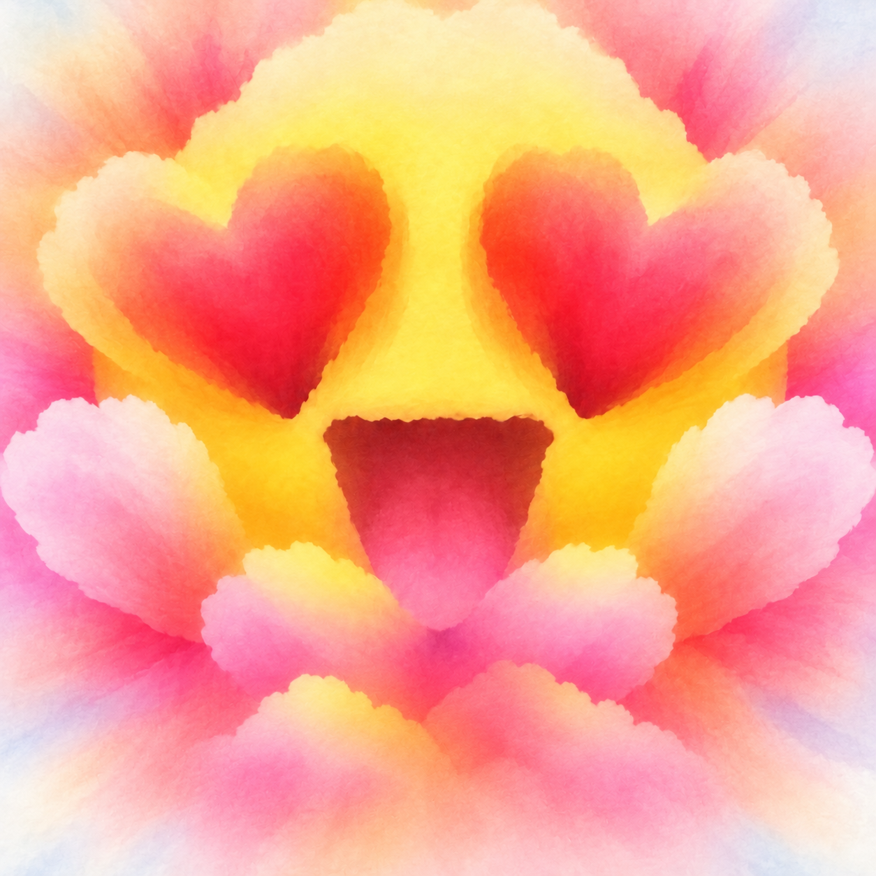 Yellow smile with pink heart eyes, surrounded by soft pink hearts